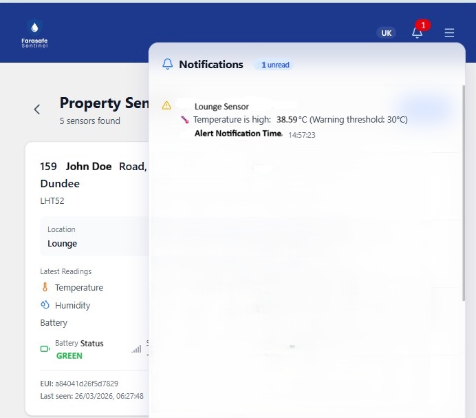 Real-time pop-up notifications showing sensor alerts