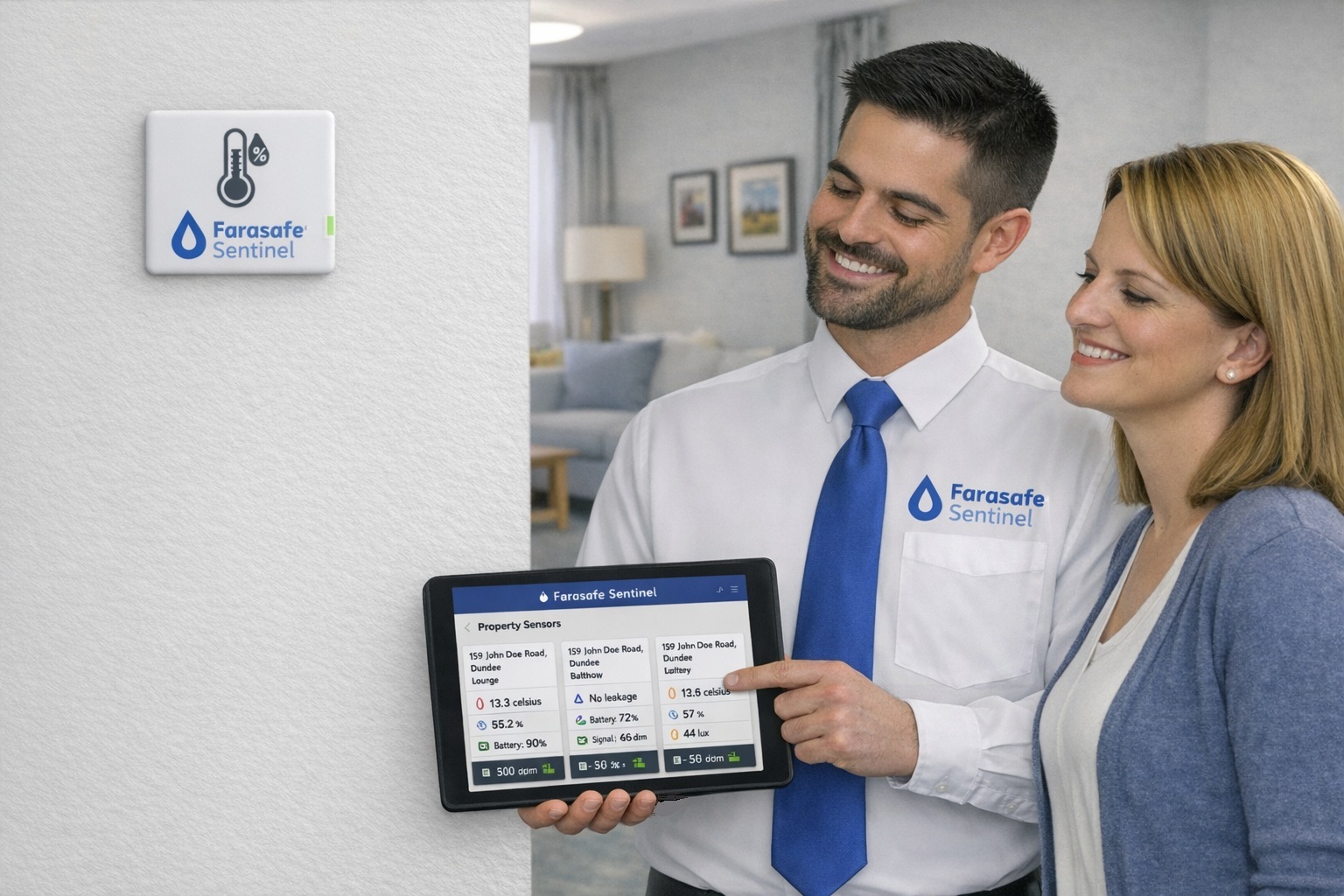 Smart home temperature and humidity monitoring sensor mounted on wall