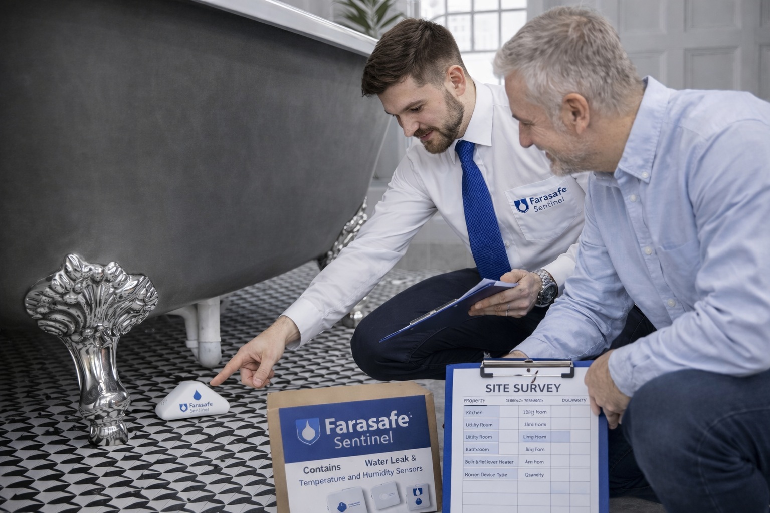 Housing maintenance engineer installing a water leak sensor in UK social housing