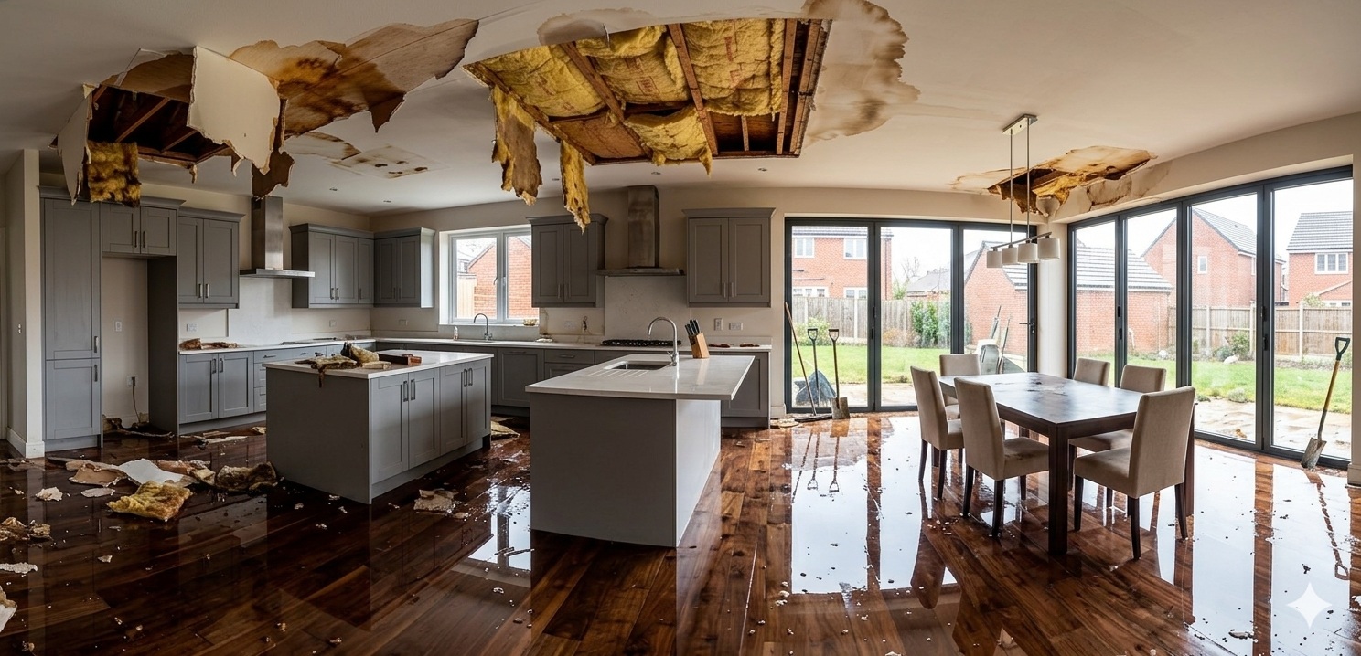 Water-damaged room interior showing flooding and property damage