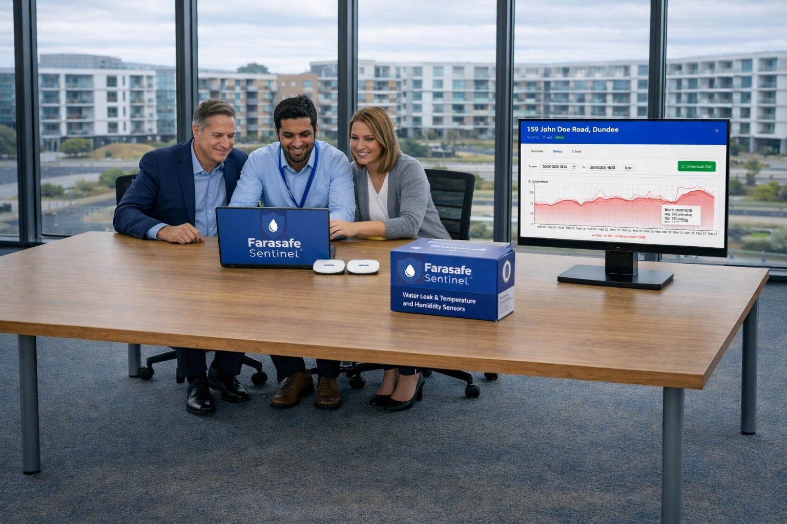 Housing association property manager reviewing the Farasafe Sentinel monitoring dashboard